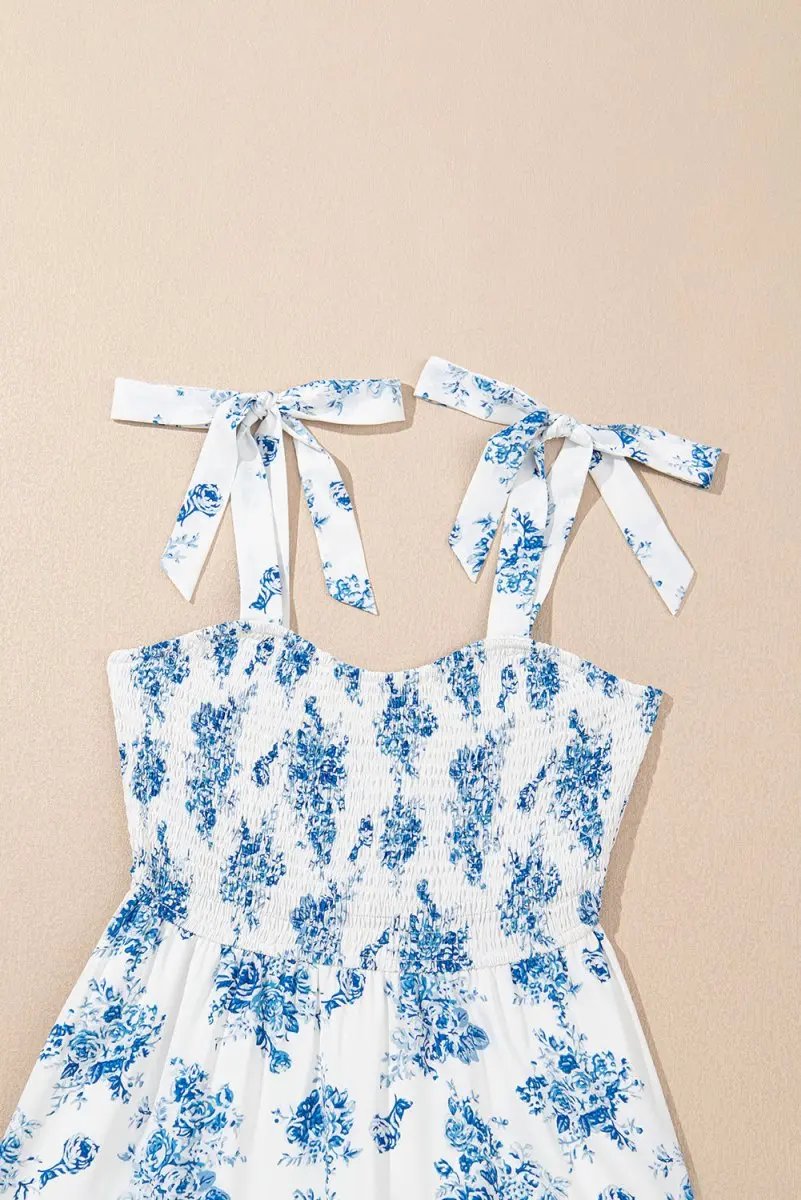 Sky Blue Floral Print Shirred Knot Shoulder Dress - Love Salve